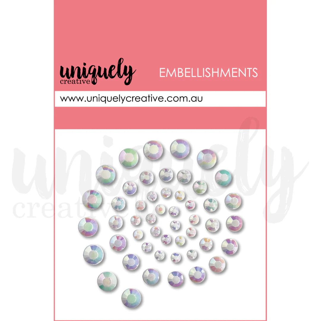 Uniquely Creative crystal rhinestone embellishments with iridescent shimmer finish, assorted sizes, flat-back adhesive gems for card making and scrapbooking