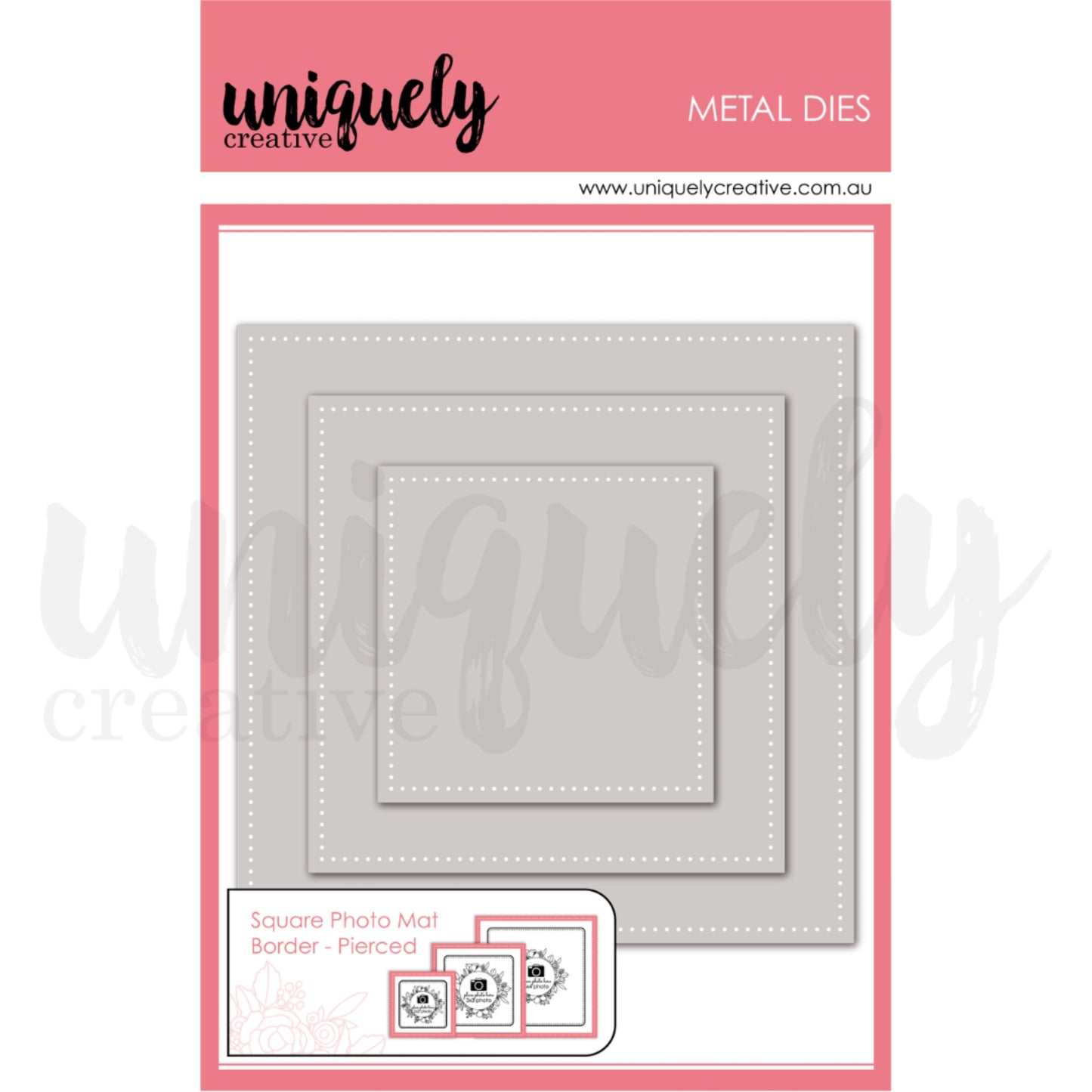 Uniquely Creative Square Photo Mat Border Die Pierced set showing three nested die-cut frames with decorative pierced dotted borders in graduated sizes for scrapbooking and card making