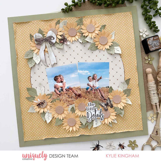 Uniquely Creative Sweet As Honey scrapbook layout with "The Little Details" sentiment, circular sunflower wreath border, two photos of children on a hay bale, and bee embellishments on dotted patterned paper, created by Kylie Kingham