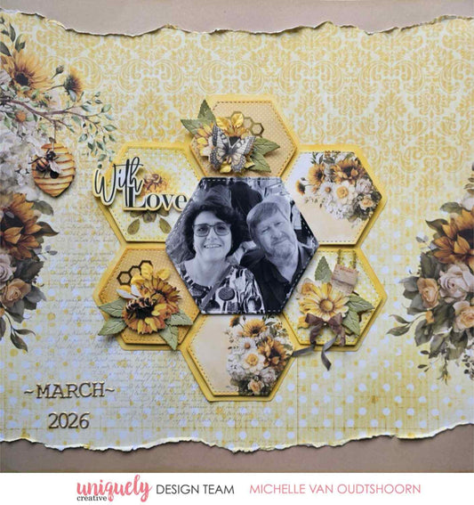 Uniquely Creative Sweet As Honey scrapbook layout with hexagon cluster photo frame, "With Love" sentiment, honeycomb die cuts, sunflowers, bees, beehive, and floral clusters on yellow damask and polka dot patterned papers, created by Michelle Van Oudtshoorn