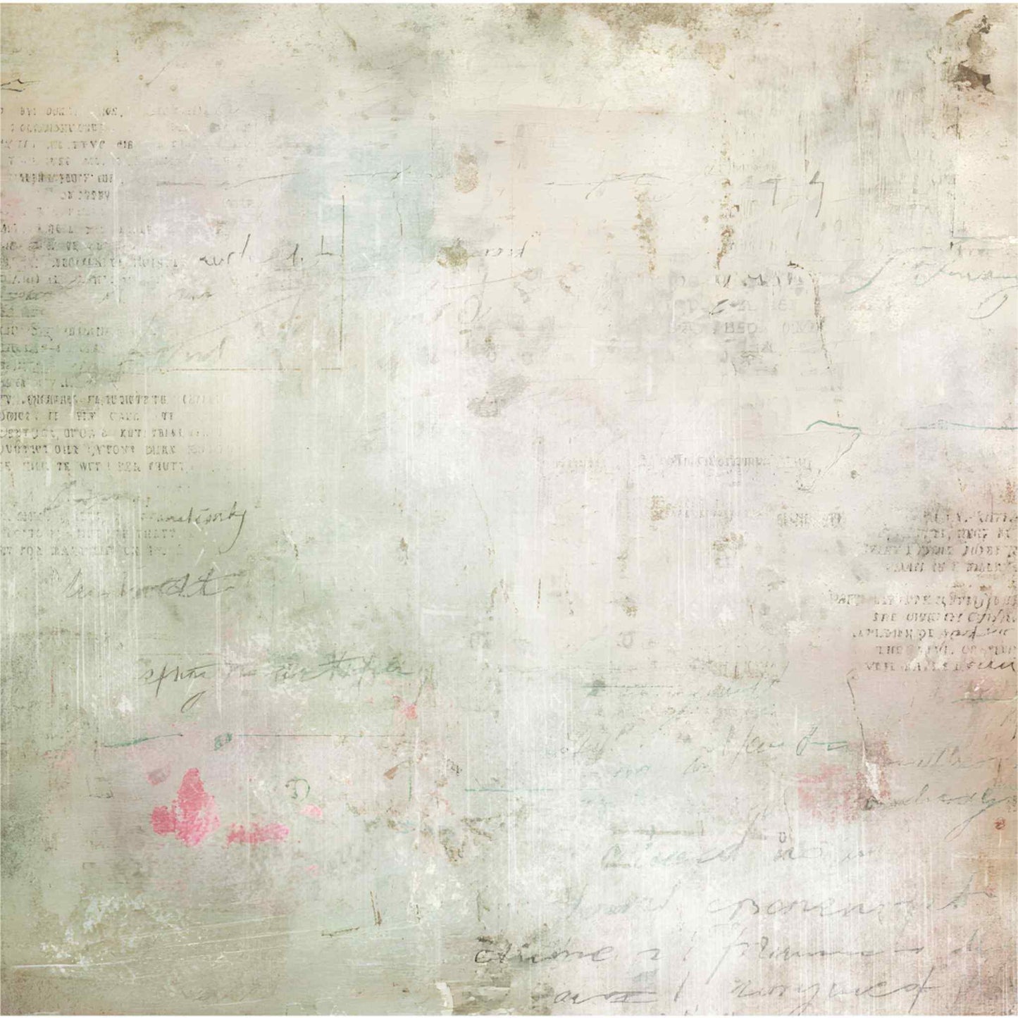Tea and Tranquility Gentle Days 12x12 paper front by Uniquely Creative — distressed vintage script background in sage, cream, and soft white with blush and mint watercolour accents