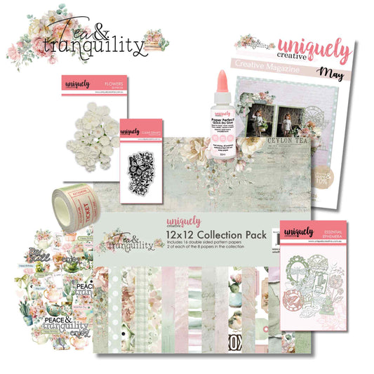 Tea and Tranquility May Creative Kit contents — 12x12 Collection Pack, Creative Cuts, Bloom and Brew Ephemera, Wings and Wildflowers stamp, Vintage Tickets washi tape, Paper Perfect glue, white flowers, and Creative Magazine