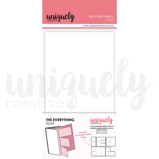 Promotional image for "The Everything Folio" by Uniquely Creative, showing a folio layout with eight double-sided pages for organising creative materials.