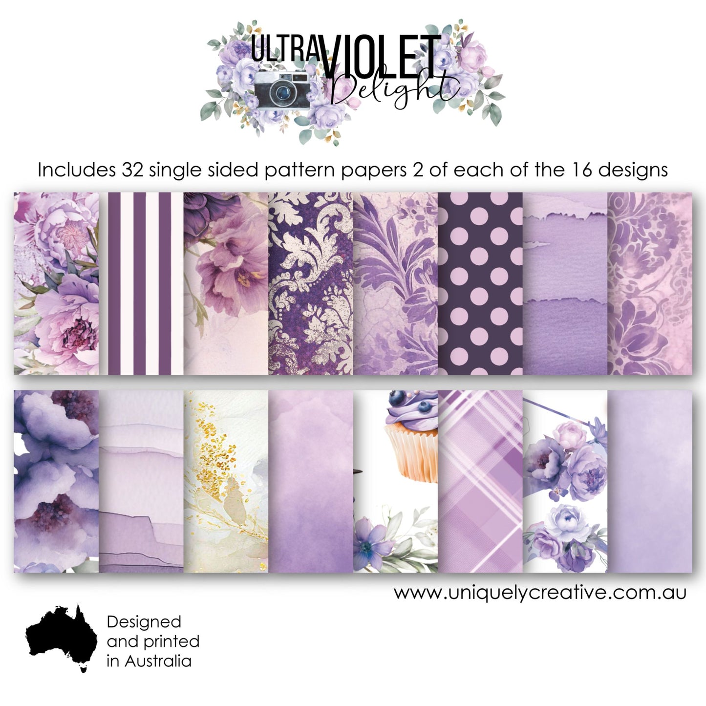 Back cover of Uniquely Creative Ultraviolet Delight 6x6 Collection Pack showing all 16 paper designs
