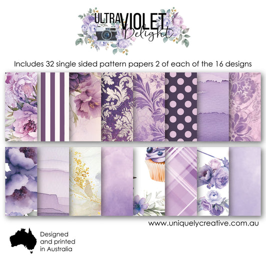 Back cover of Uniquely Creative Ultraviolet Delight 6x6 Collection Pack showing all 16 paper designs