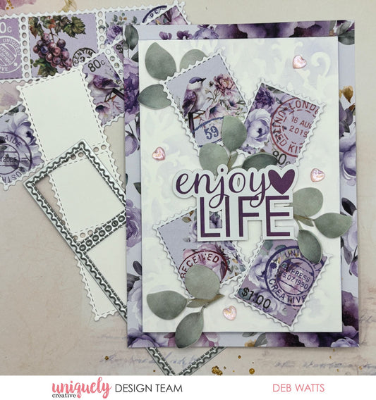 Handmade card using Uniquely Creative Ultraviolet Delight collection with purple floral papers, postage stamp die cuts, and enjoy life sentiment by Deb Watts