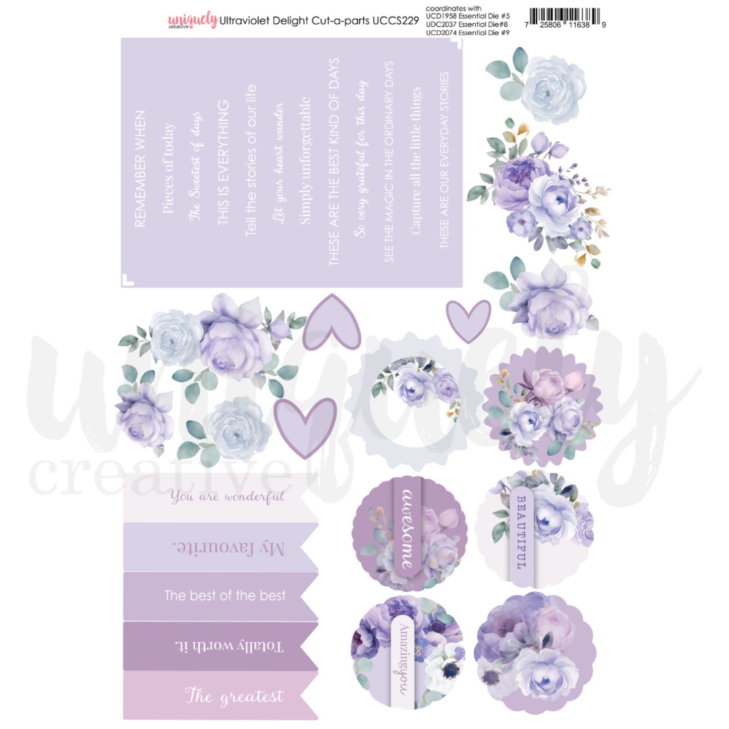 Uniquely Creative Ultraviolet Delight Cut-a-Part Sheet featuring purple watercolour florals, sentiments, and embellishment elements