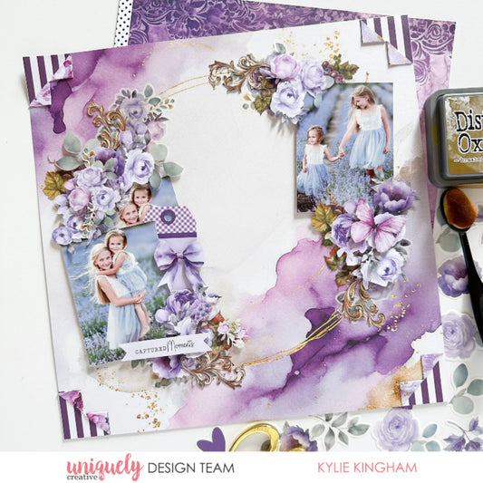 Scrapbook layout using Uniquely Creative Ultraviolet Delight collection with purple watercolour papers, lavender florals, and gold foil accents by Kylie Kingham