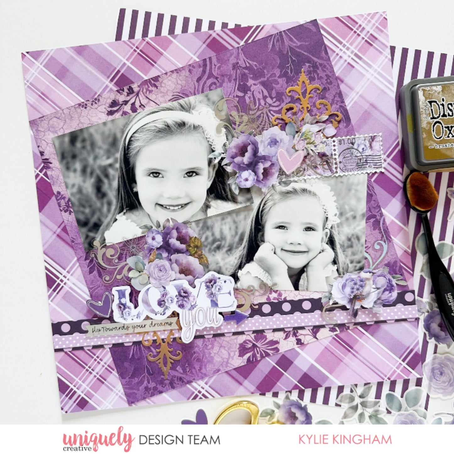 Scrapbook layout using Uniquely Creative Ultraviolet Delight collection with purple plaid papers, lavender florals, and gold embellishments by Kylie Kingham