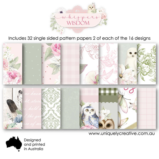Uniquely Creative Whispers of Wisdom 6x6 Collection Pack showing all 16 paper designs including watercolour florals, owls, butterflies, feathers, damask patterns, plaids, script overlays and coordinating backgrounds in pink, sage and cream tones