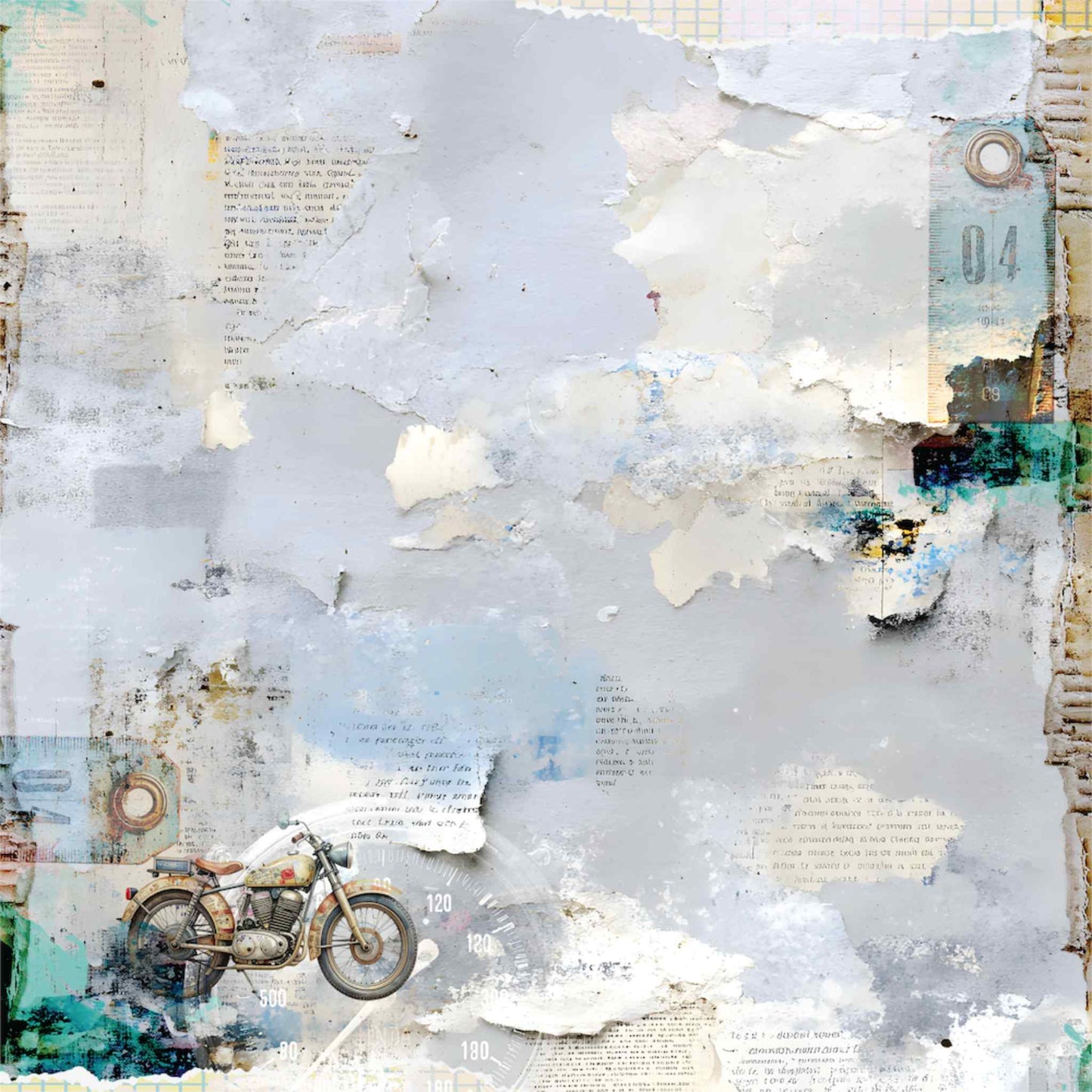 Uniquely Creative Wings and Wheels Open Roads 12x12 paper front side, layered mixed media collage in pale blue and grey with vintage motorcycle, torn newsprint, handwriting, number tag and teal accents