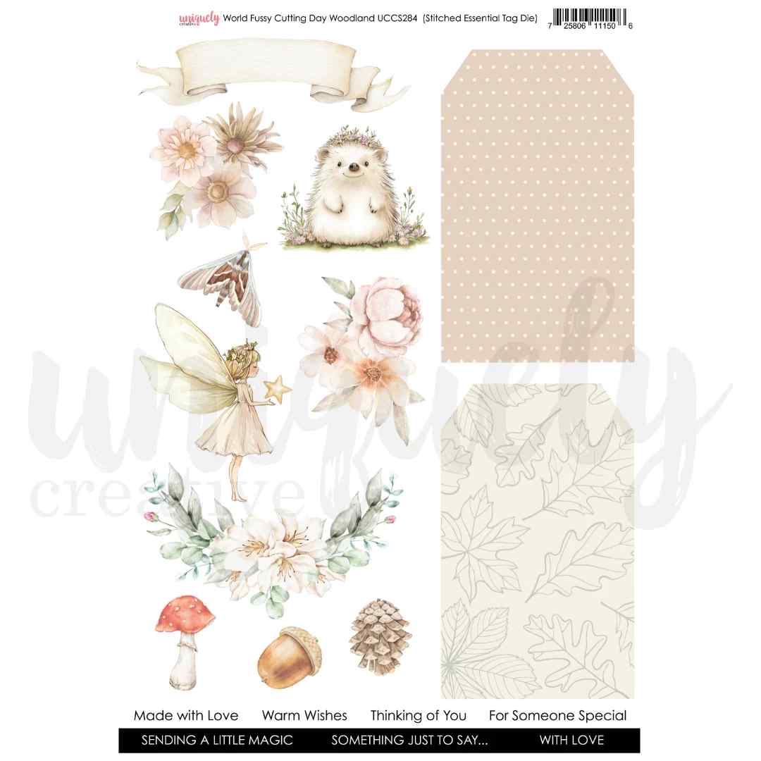 Uniquely Creative Woodland Cut-a-Part Sheet with a fairy, hedgehog, flowers, moth, mushroom, acorn, pine cone, two tag panels and sentiments in soft neutral tones