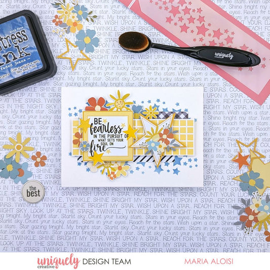 Be fearless handmade card using Uniquely Creative Written in the Stars collection featuring yellow grid paper, floral embellishments in orange and blue, star die-cuts, black gingham accents and inspirational sentiment