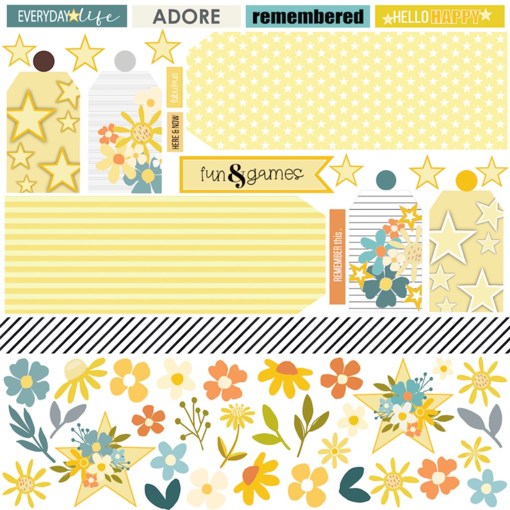 Front of Guiding Light paper featuring cut-apart tags, stars, florals, stripes and sentiments including Everyday Life, Adore, Remembered and Hello Happy