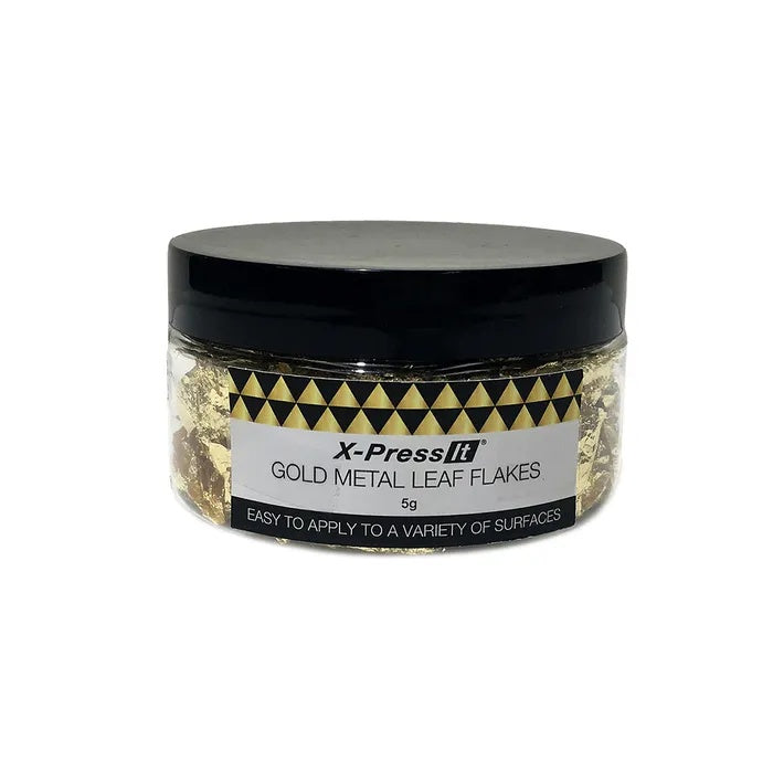 Jar of X-Press It Gold Metal Leaf Flakes for use on a variety of surfaces including art journals, cards and scrapbook pages.