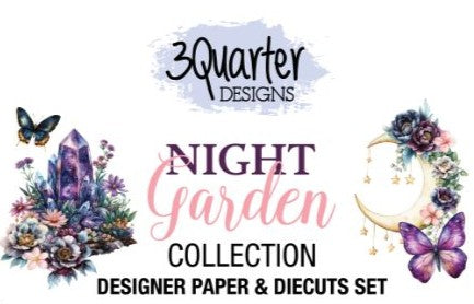 Night Garden Collection from 3Quarter Designs - Image shows the title & some flowers and butterflies in purple and pinks, along with a crescent moon covered in flowers with stars dangling from it. 