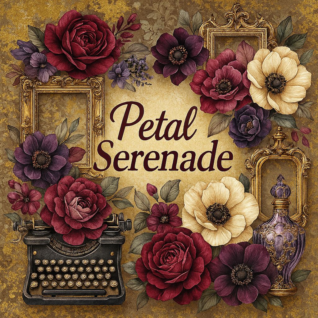 Petal Serenade Collection title image with vintage flowers, frames and typewriter. 