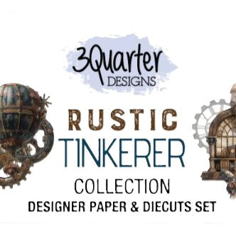 Rustic Tinkerer Collection title graphic by 3Quarter Designs featuring steampunk-themed hot air balloon and mechanical building illustrations, with stylised fonts and vintage industrial design elements.
