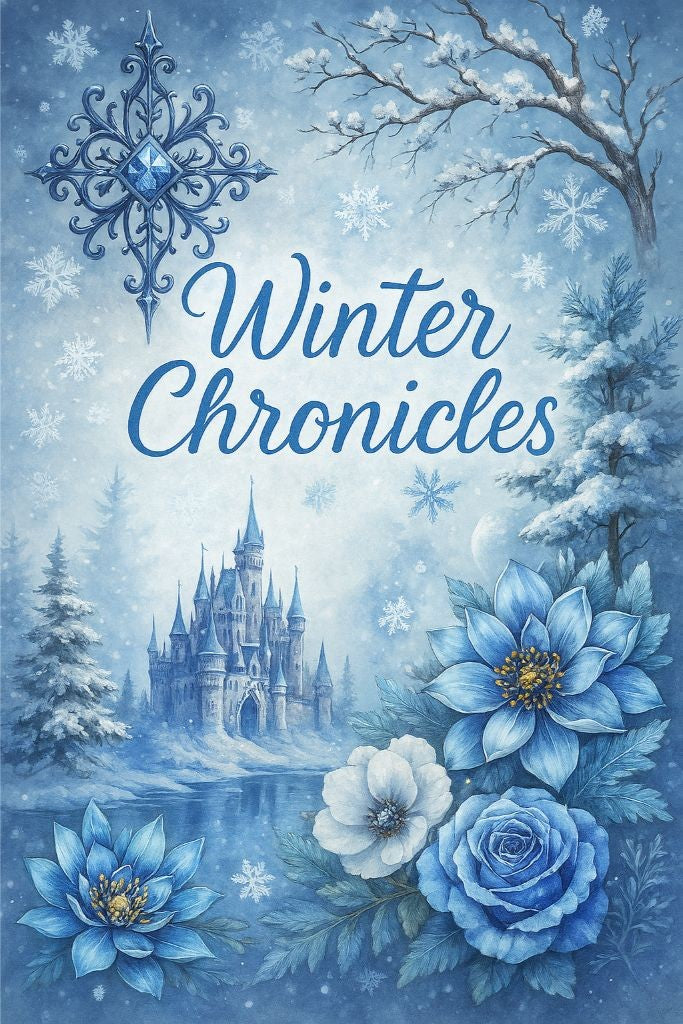 Winter Chronicles image for the 3Quarter Designs release showing a castle, trees and flowers in blues with a winter feel. 