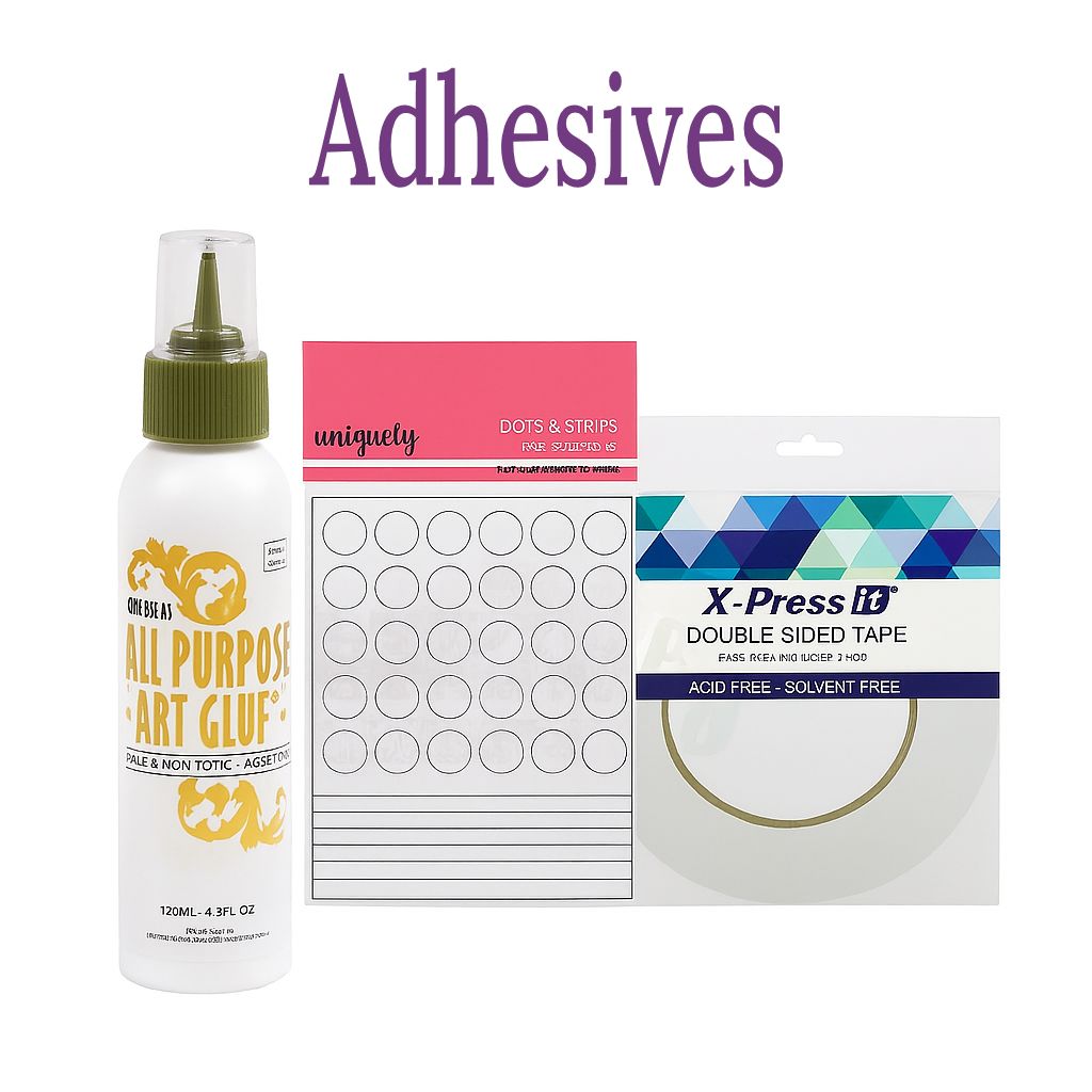 Image shows adhesives that are available including glue, foam mounting dots and strips and double sided tapes. 