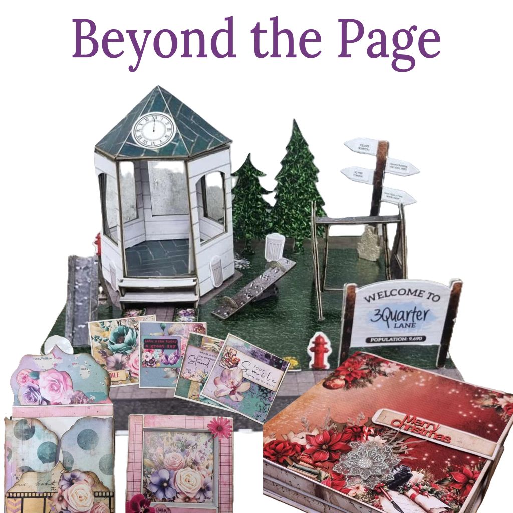 Beyond the Page Collection image includes a 3 dimensional scene with a rotunda, trees and sign. Also a shadow box with cards in pinks and teals. Also shown is a shadow box album in reds with "Merry Christmas". 