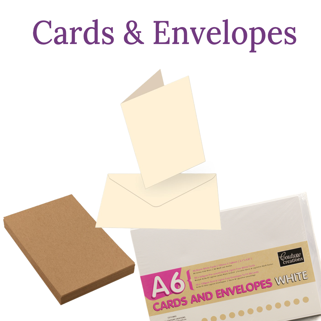 Image shows cards and envelopes in white, ivory and kraft colours. 