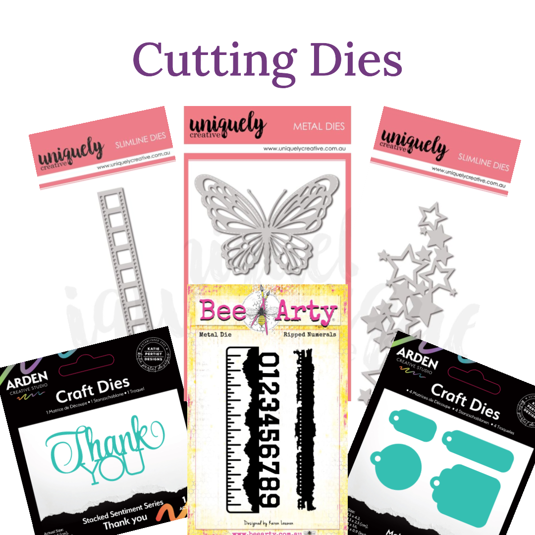 Image shows a range of dies for cutting papers and cardstock including stars, butterflies, tags and sentiments.