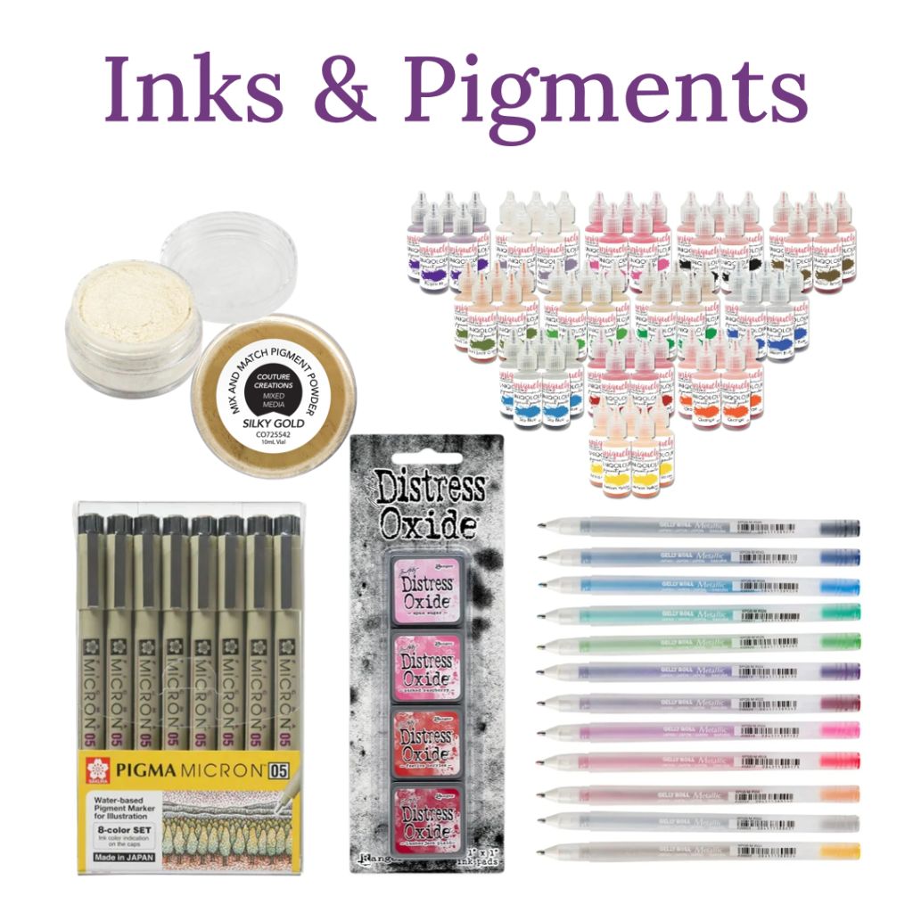 Image shows a variety of  pigment inks, ink pads and pens. 