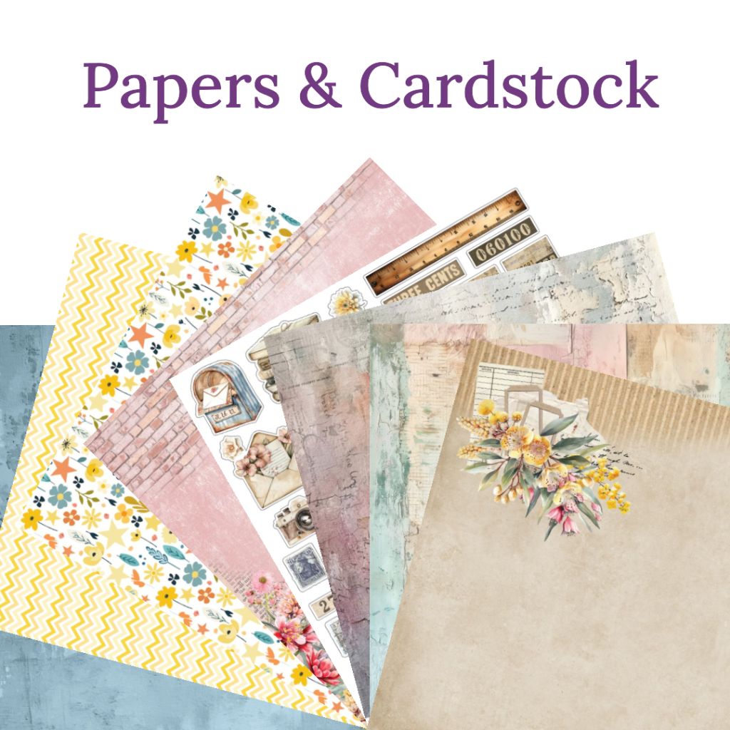 Image shows title Papers & Cardstock and has a fan of different patterned papers showing flowers and background pages. 