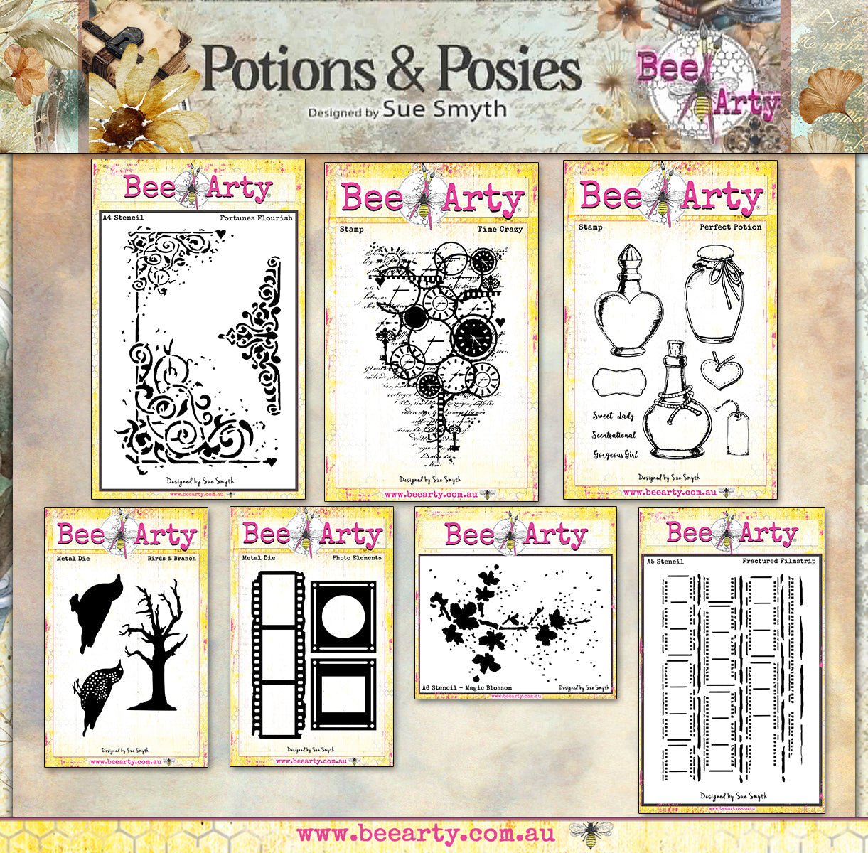 Potions and Posies stamp die and stencil collection by Sue Smyth for Bee Arty