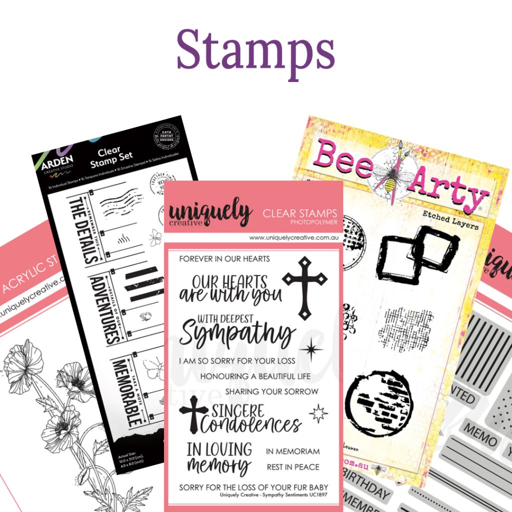Image has the title Stamps at the top and shows a variety of stamps available from Uniquely Creative, Bee Arty and Arden Creative Studio. 
