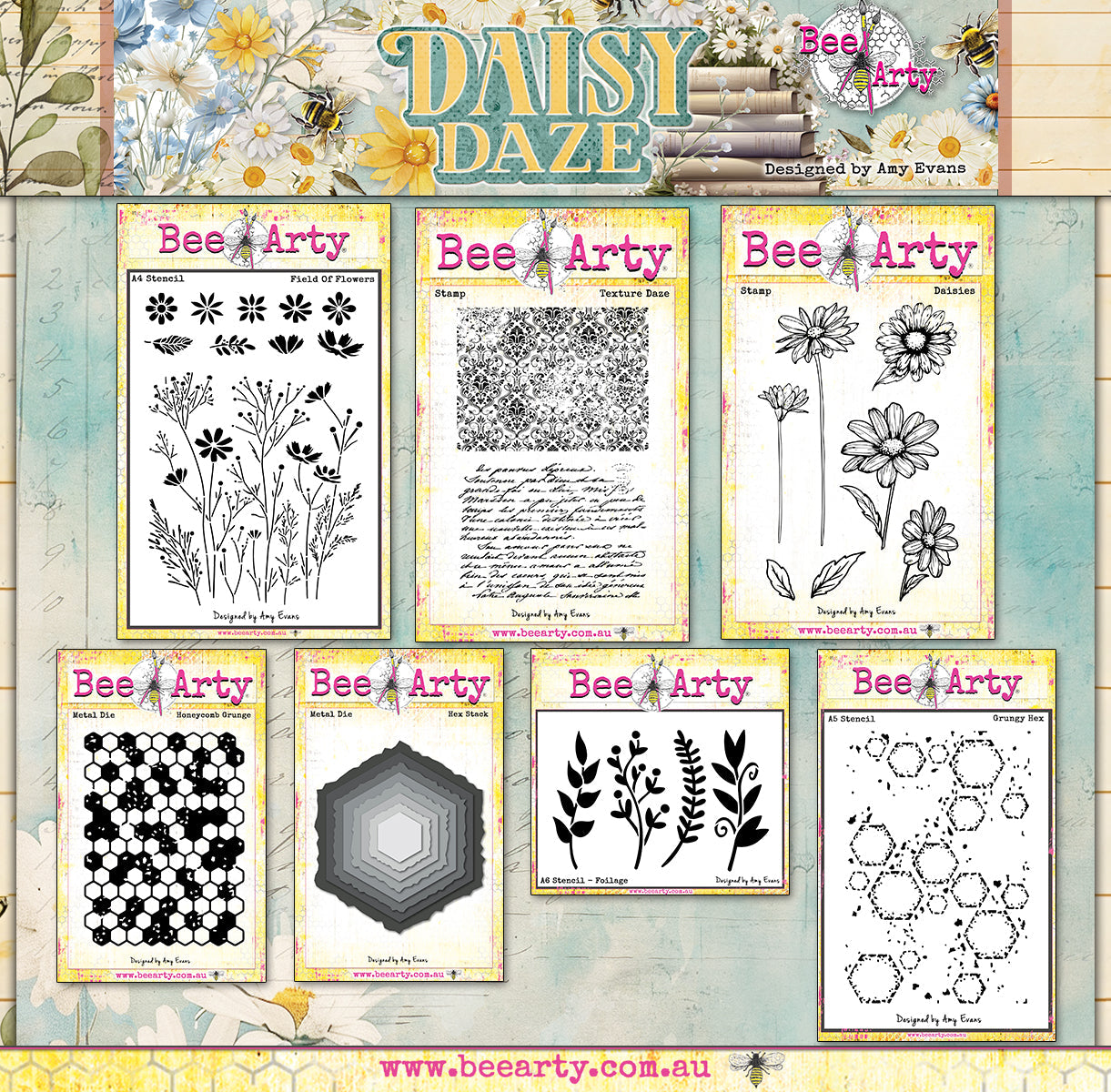 Bee Arty Daisy Daze stamps, dies, and stencils collection by Amy Evans