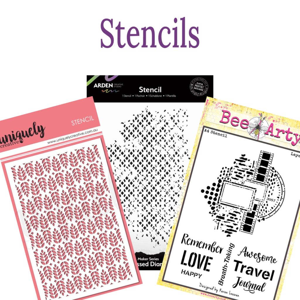 Image shows the title Stencils and 3 stencils from brands Uniquely Creative, Arden Creative Studio and Bee Arty. Designs are leaves, travel words and collages. 