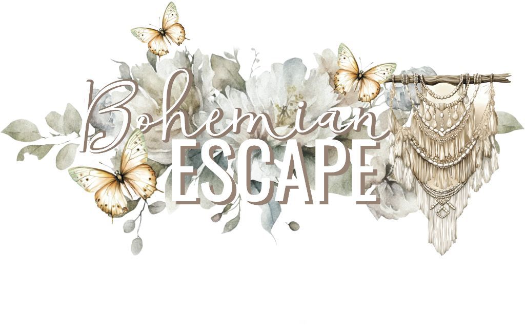 Bohemian Escape title artwork from Uniquely Creative – features lettering surrounded by muted watercolour florals, soft-toned butterflies, and a macramé wall hanging.