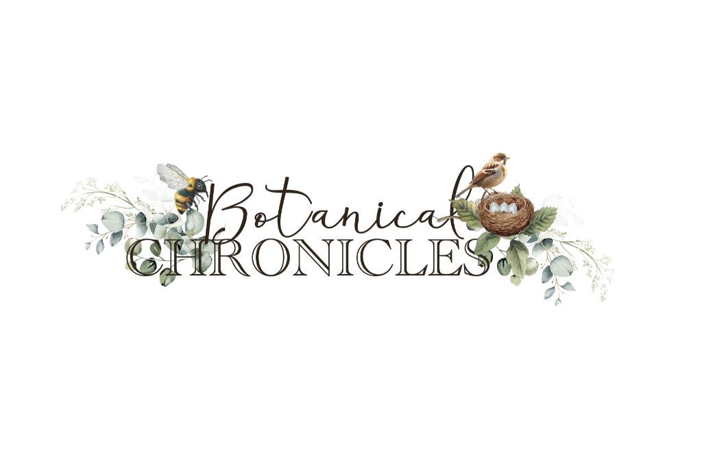 Botanical Chronicles title artwork from Uniquely Creative – surrounded by eucalyptus leaves, white florals, a perched bee, and a bird nesting with eggs. 