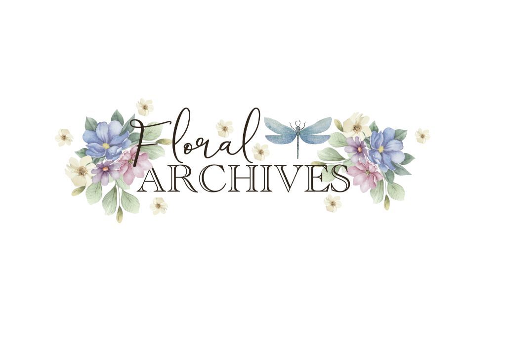 Floral Archives title artwork from Uniquely Creative – lettering with pastel watercolor florals, green leaves, and a whimsical blue dragonfly. 