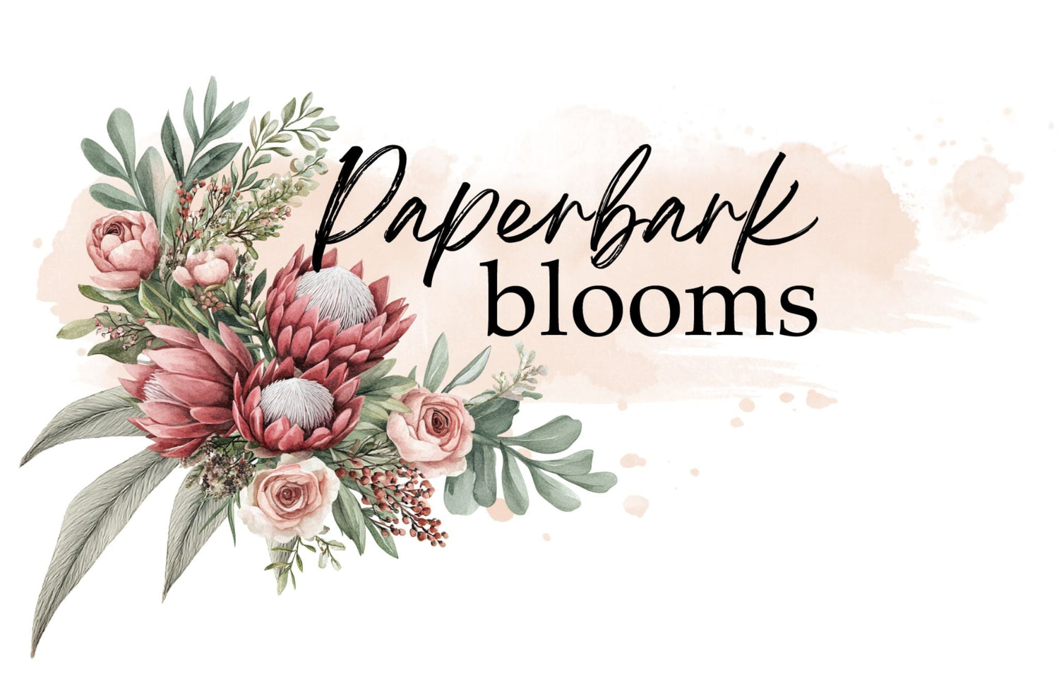 Paperbark Blooms logo featuring a watercolour bouquet of native Australian protea, garden roses, and eucalyptus foliage in dusty pink and sage green tones