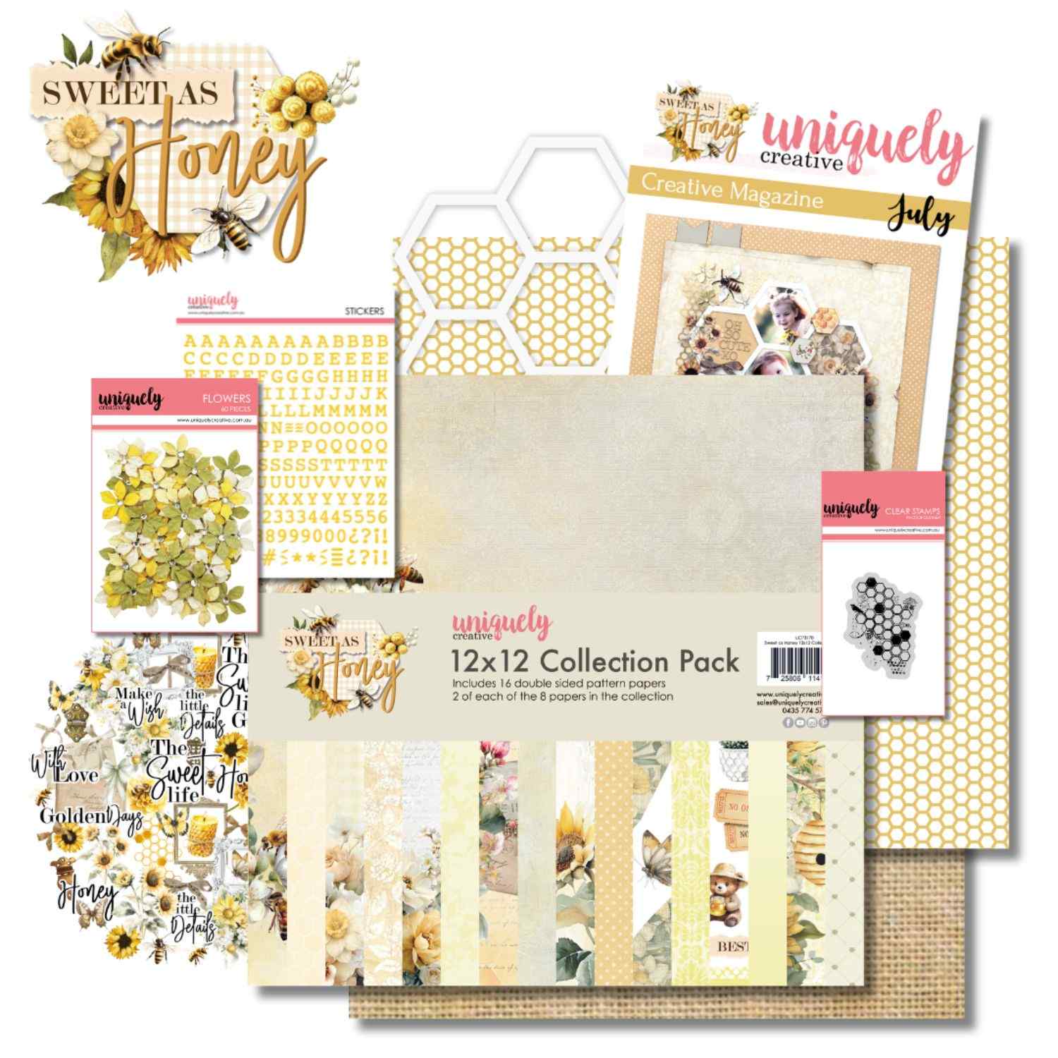 Uniquely Creative Sweet As Honey collection flat lay showing papers, Creative Cuts, Vellum Creative Cuts, Puffy Alpha Stickers, Golden Meadow Flowers, Honeycomb Overlay, and Botanical Honeycomb Stamp 