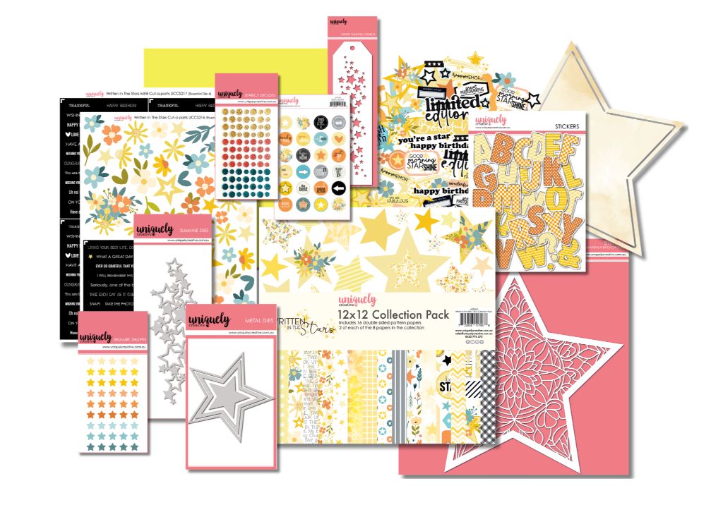 Uniquely Creative Written in the Stars collection featuring 12x12 papers, dies, stencils, chipboard stickers, enamel dots and card kit in yellow, orange, teal and grey with celestial florals and stars