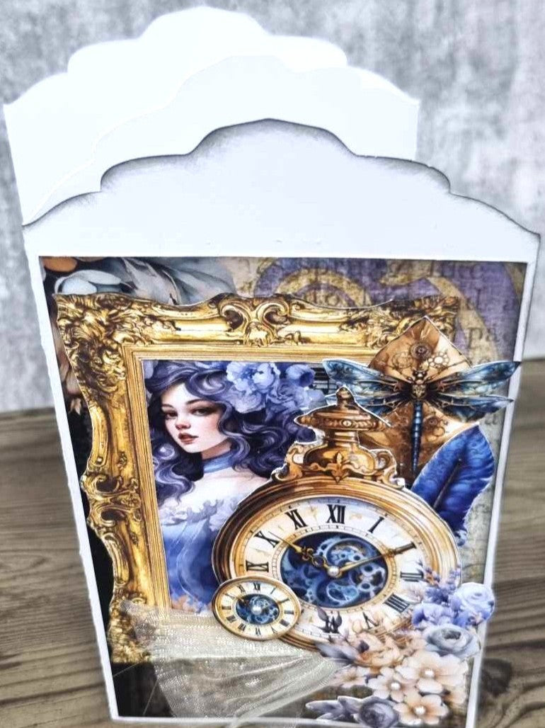 3Quarter Designs 3-Panel Card – decorated sample close-up of front cover featuring steampunk lady and gold clock with Grunged Baroque collection