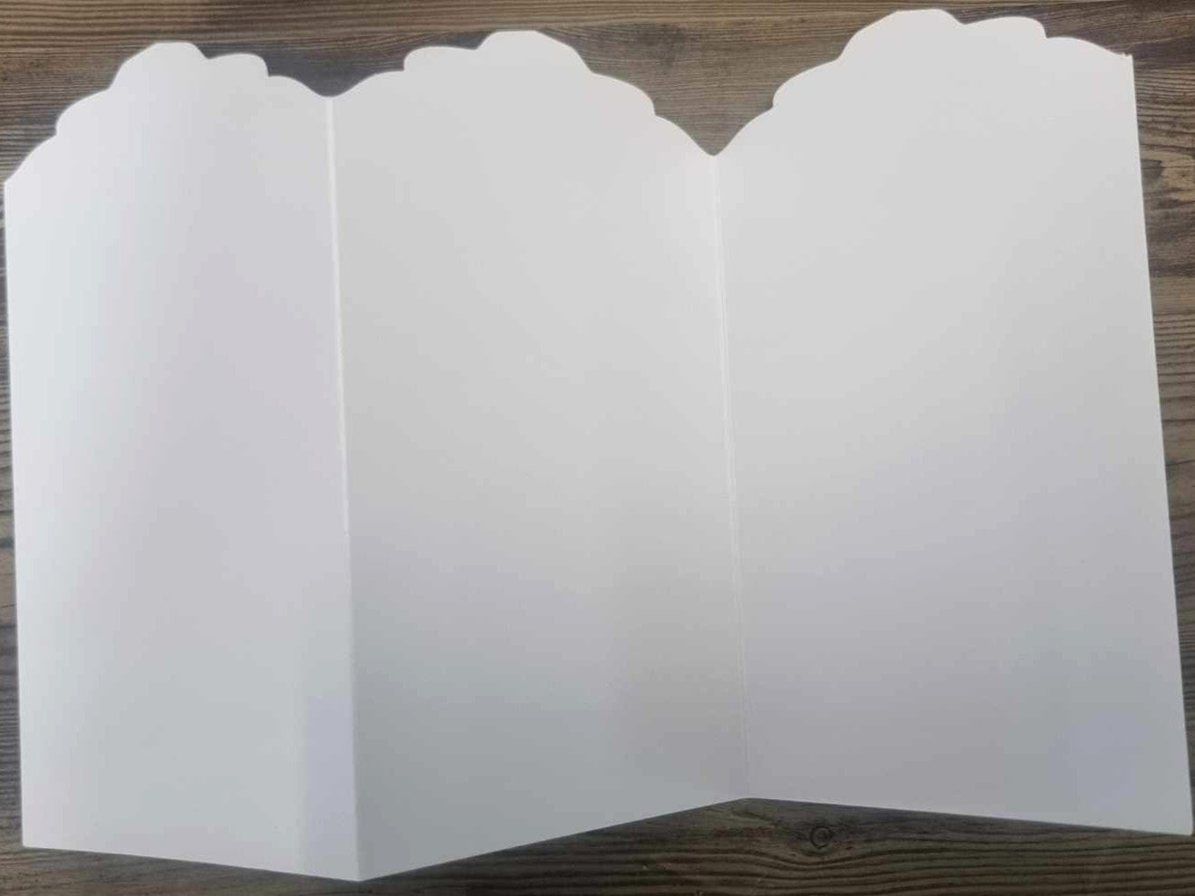 3Quarter Designs 3-Panel Card Base – blank white die-cut trifold with scalloped top edge, open