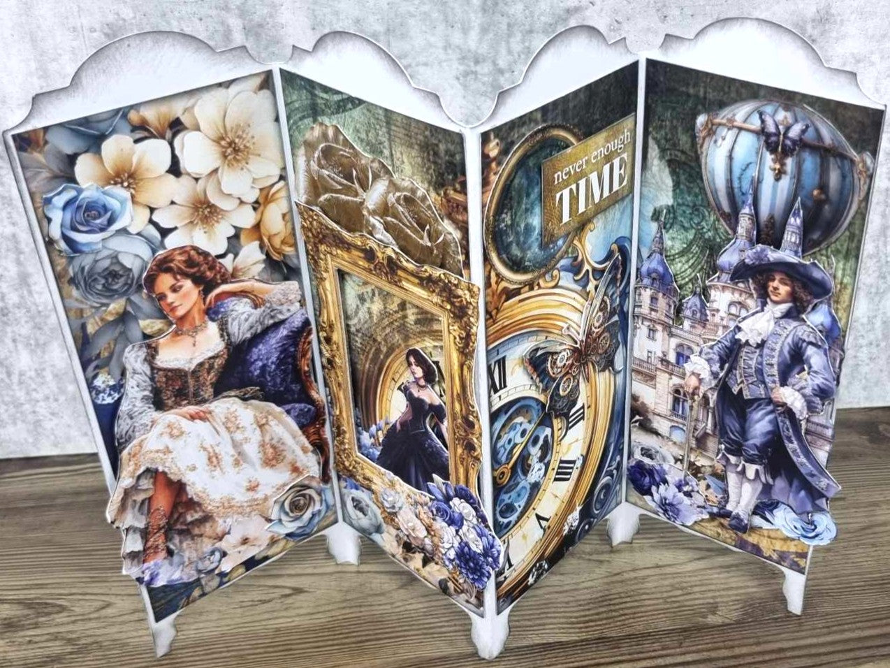 3Quarter Designs 4-Panel Screen Card – decorated sample angled view fully open with Grunged Baroque collection