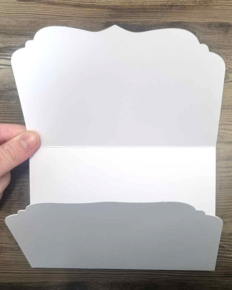 3Quarter Designs 3-Panel Envelope Card Base – blank white die-cut piece open showing scalloped pocket flap