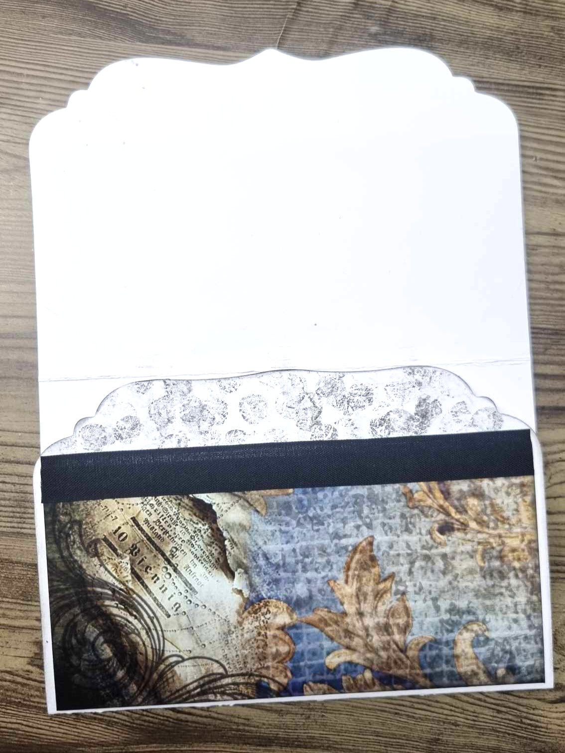 3Quarter Designs 3-Panel Envelope Card – decorated sample open showing interior and scalloped pocket with Grunged Baroque collection