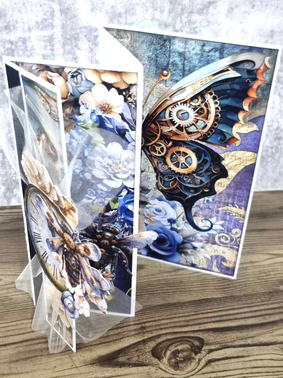 3Quarter Designs Staggered Concertina Card – decorated sample angled view with Grunged Baroque collection