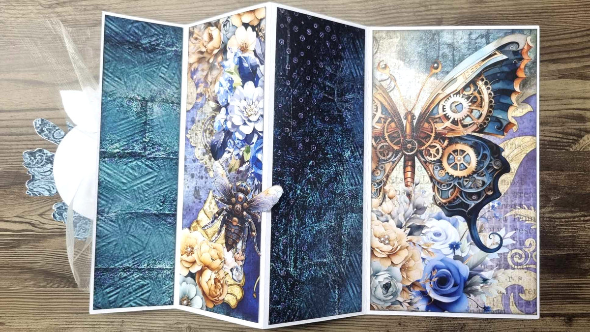 3Quarter Designs Staggered Concertina Card – decorated sample fully open showing all four staggered panels with Grunged Baroque collection