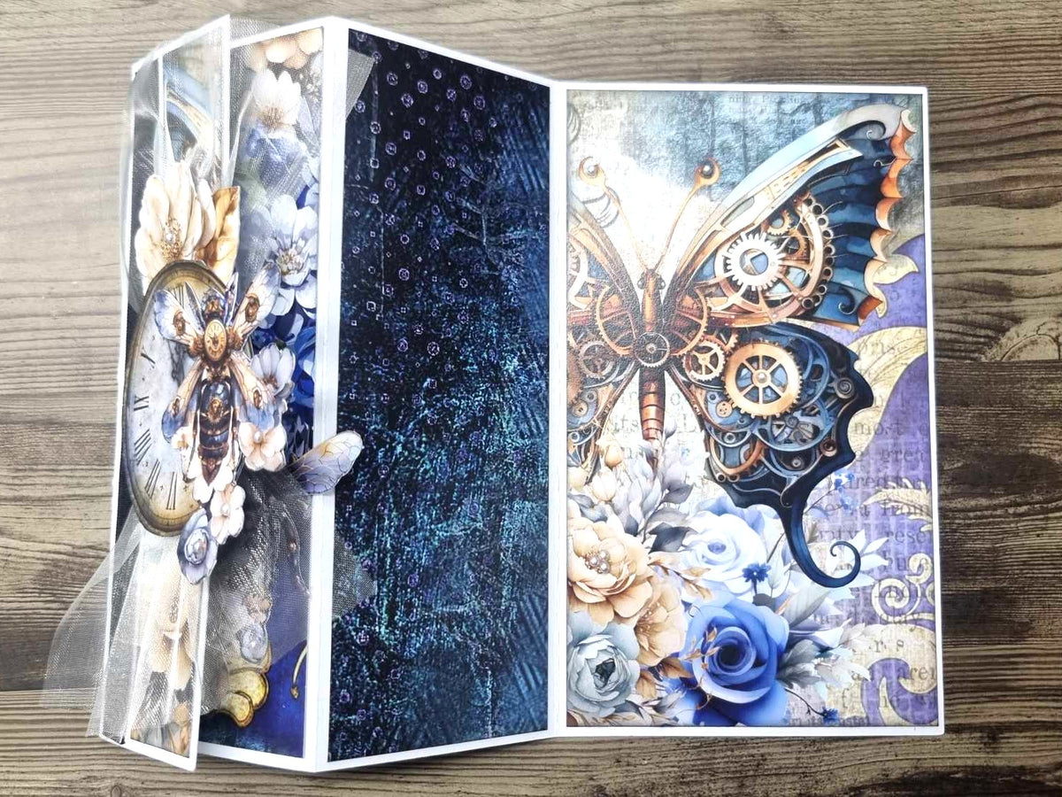 3Quarter Designs Staggered Concertina Card – decorated sample partially open showing staggered panel effect with Grunged Baroque collection