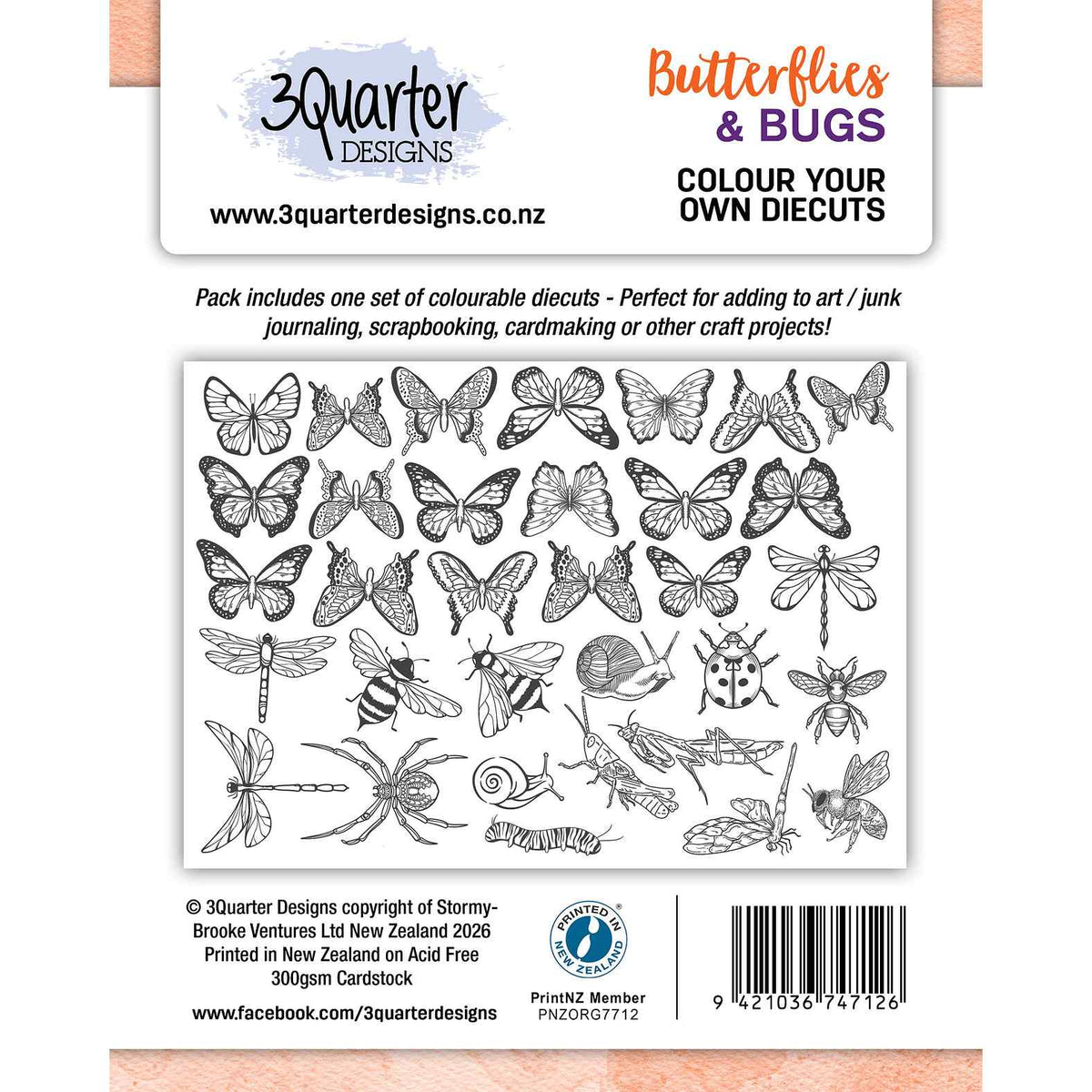3Quarter Designs Butterflies & Bugs Colour Your Own Diecuts featuring black-and-white butterflies, dragonflies, bees, snails and other garden creatures