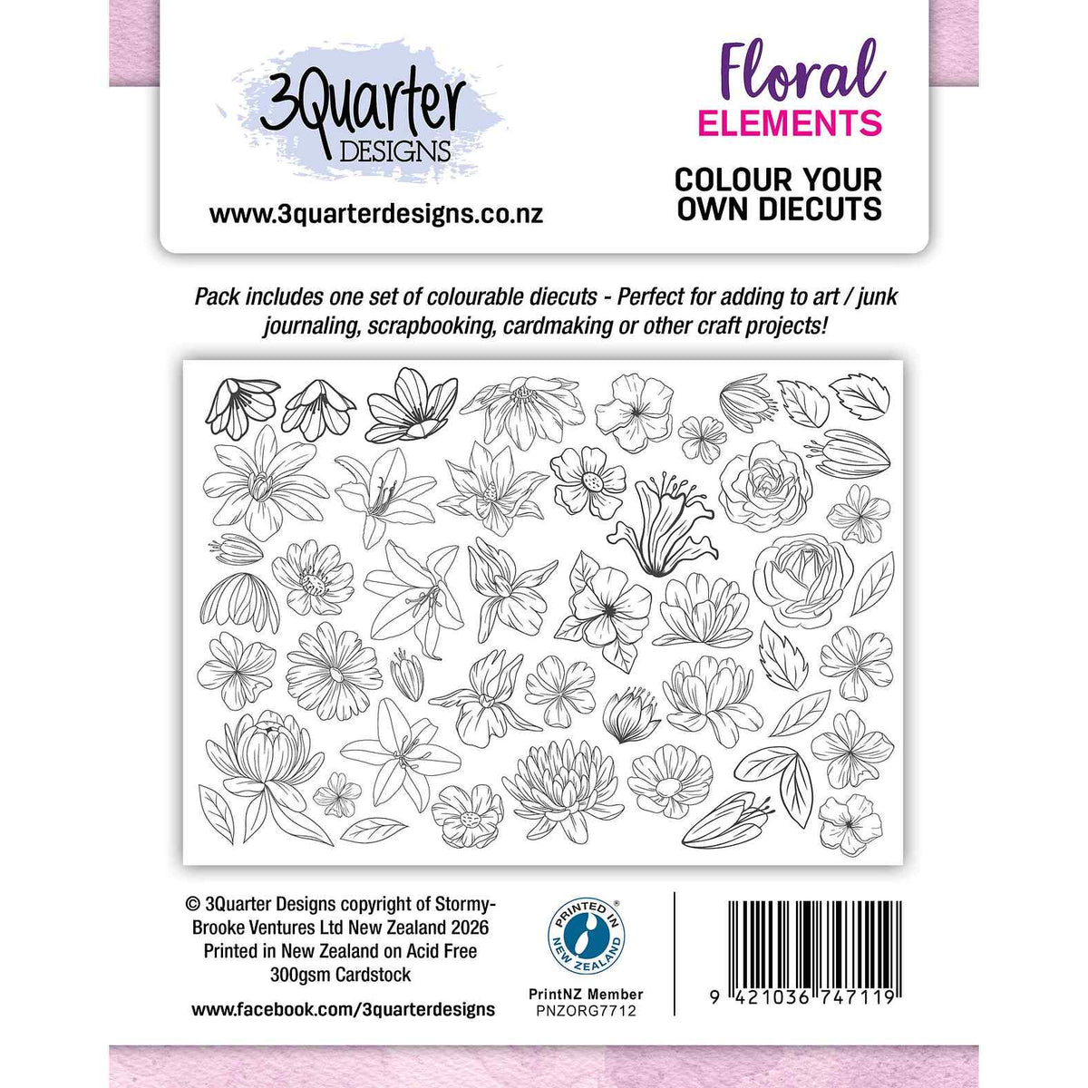 3Quarter Designs Floral Elements Colour Your Own Diecuts featuring black-and-white line-art flowers, buds and leaves