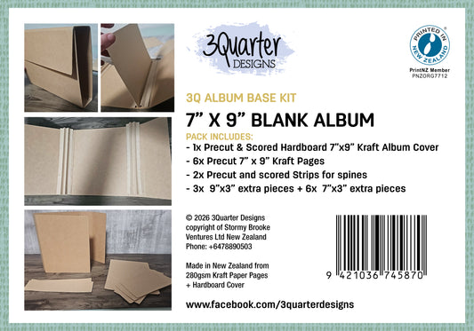 3Quarter Designs 7x9 blank album base kit showing precut hardboard cover, kraft paper pages, scored spine strips, and extra pieces for DIY mini album construction